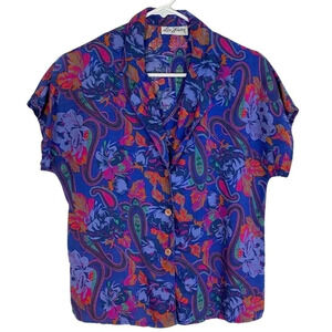 Vintage 90s Floral Button Down Blouse Womens Size 10 Blue Purple Pink Top Shirt